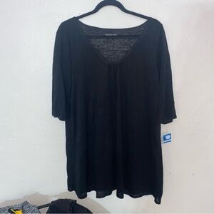 Eileen Fisher 100% Linen Blouse 3/4 Sleeve Long V Neck Tunic Style Solid Black